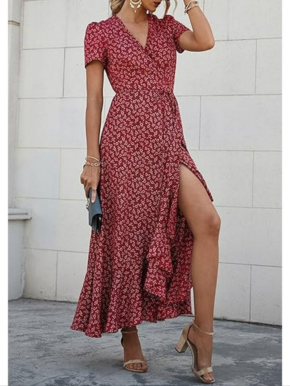 PRETTYGARDEN Red Floral Wrap Maxi Dress with Ruffle Hem Split